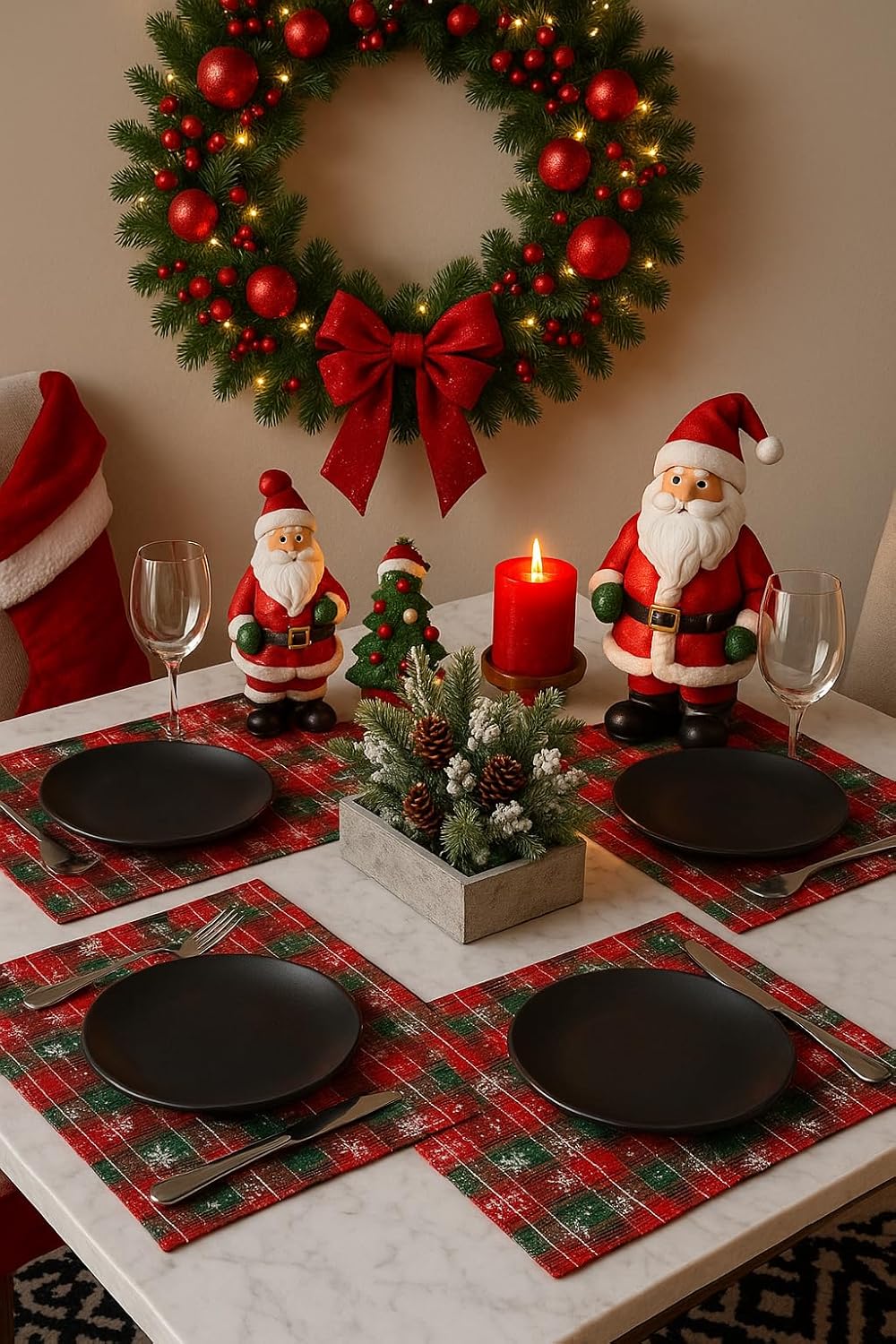 Fennco Styles Red & Green Tartan Plaid Snowflakes Holiday Placemats 13" X 18", Set of 4 - Modern Table Mats for Christmas Décor, and Winter Festivals