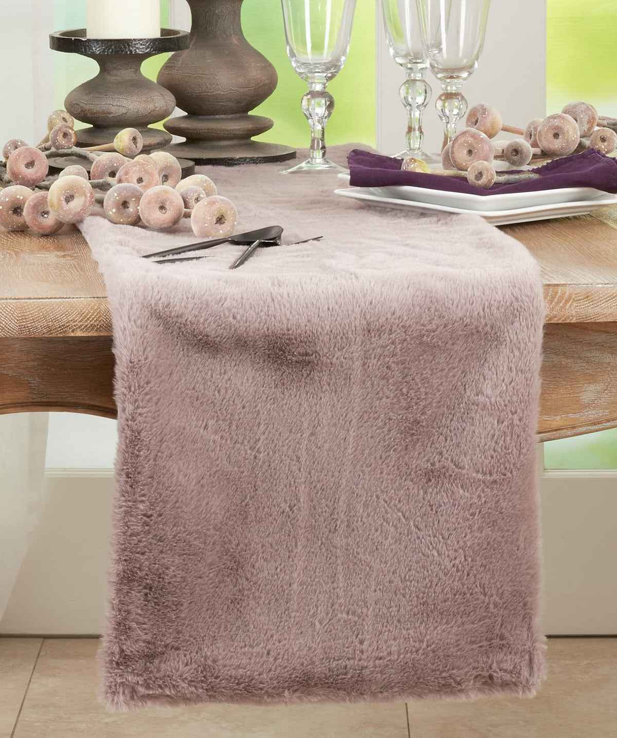 Fennco Styles Modern Solid Faux Rabbit Fur Table Runner 14" W x 72" L – Black Plush Table Cover for Dining Room, Banquets, Family Gatherings, Holidays, Special Events and Home Décor