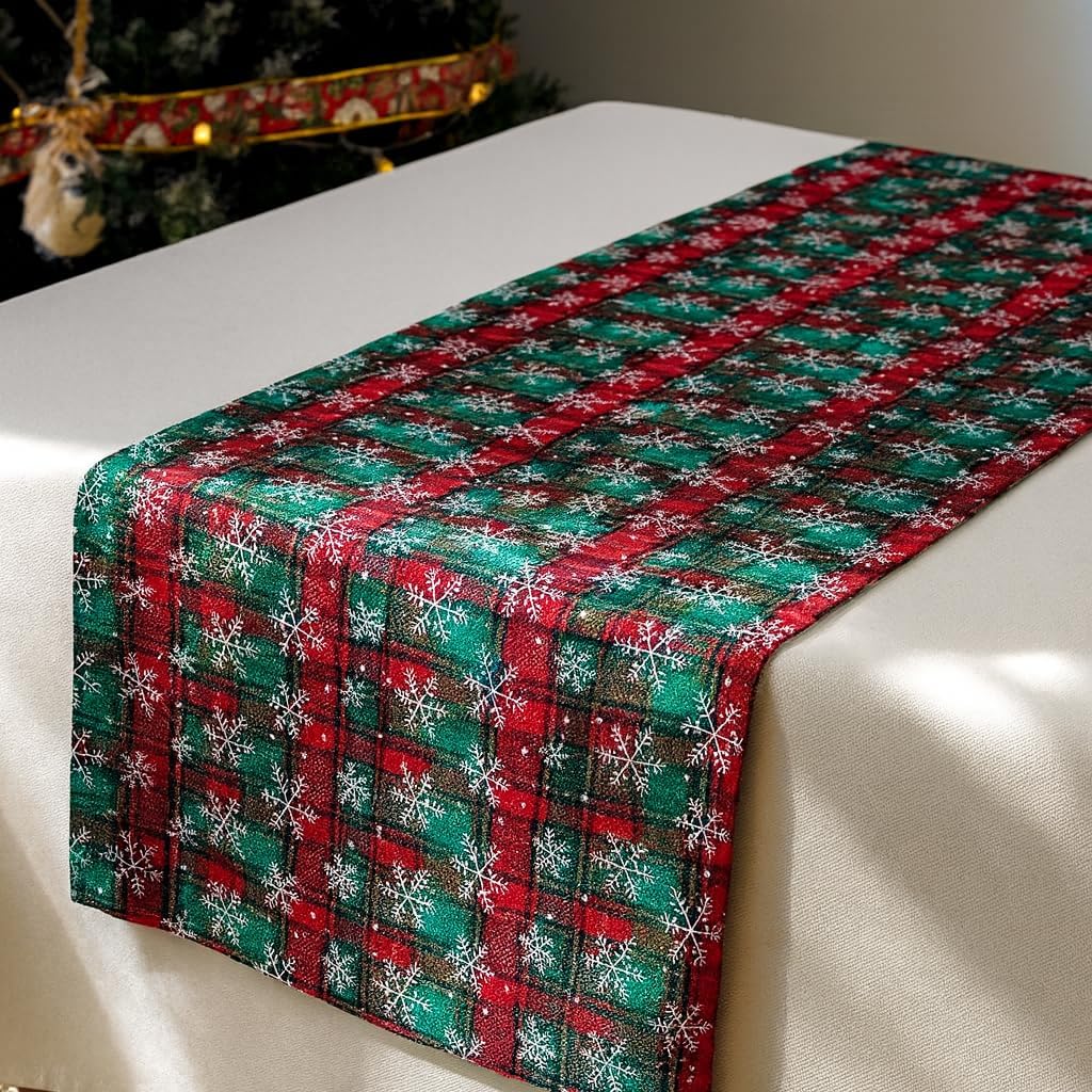 Fennco Styles Red & Green Tartan Plaid Christmas Table Runner with White Snowflakes 13" X 73" - Festive Holiday Table Cover for Christmas Décor, and Winter Festivals