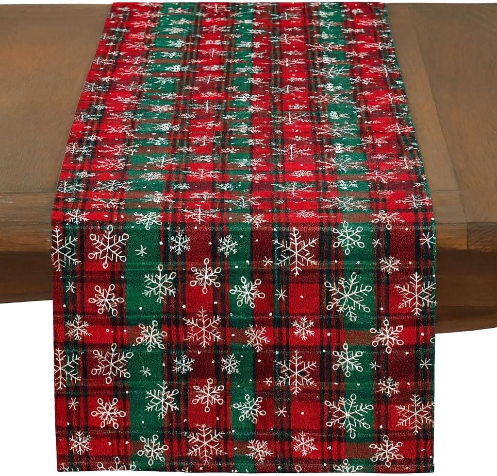 Fennco Styles Red & Green Tartan Plaid Christmas Table Runner with White Snowflakes 13" X 73" - Festive Holiday Table Cover for Christmas Décor, and Winter Festivals