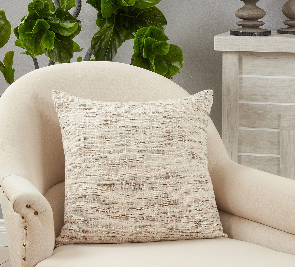 Fennco Styles Linen-Cotton Textured Decorative Throw Pillow 20" W x 20" L - Oatmeal Woven Cushion for Home, Couch, Office, Bedroom and Living Room Décor